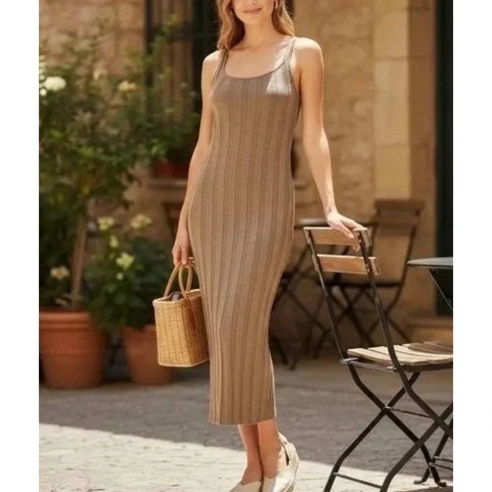 Free People Beach Slip Dress Midi Santos Ribbed Olive Stone Brown Women Medium - Picture 1 of 11
